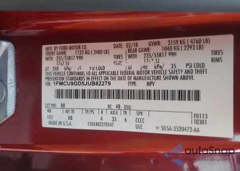 2018 Ford Escape Se z USA, uszkodzony, nr VIN 1FMCU9GD5JUB82279